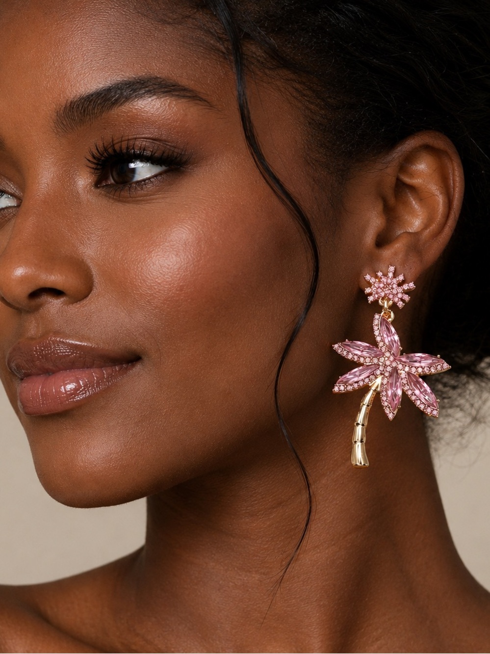Gold-Tone Pink Crystal Palm Tree Drop Earrings